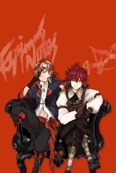 2boys bad_id bad_pixiv_id baggy_pants bandana black_boots black_coat black_gloves black_pants boots bright_pupils brown_hair brown_vest chaos_jim_(grimms_notes) charles_perrault_(grimms_notes) charles_perrault_(original)_(grimms_notes) closed_mouth coat collared_shirt copyright_name crossed_legs fingerless_gloves gloves green_eyes grimms_notes hair_between_eyes head_rest highres long_sleeves looking_at_viewer male_focus misoshiru_umai4 multiple_boys navel open_clothes open_coat pants puffy_long_sleeves puffy_sleeves red_background red_bandana red_hair shirt short_hair sitting smile vest white_pupils white_shirt yellow_eyes