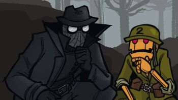 2boys black_gloves coat creature_commandos crossover dc_comics eggbotnics fedora forest g.i._robot gloves hand_on_own_chin hat helmet looking_at_another marvel mask military_uniform multiple_boys nature robot sleeves_rolled_up spider-man_(series) spider-man_noir spider-verse spider_web_print trait_connection trench_coat