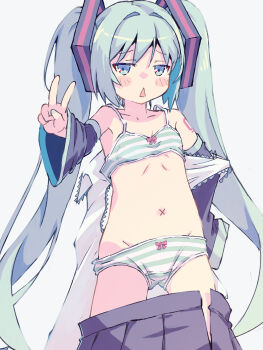 Rule 34 | 1girl, akayama yukihe, belly, black skirt, black sleeves, blue bra, blue eyes, blue hair, blush, blush stickers, bow, bow bra, bow panties, bra, commentary request, cowboy shot, detached sleeves, dress, gluteal fold, grey background, hair intakes, hatsune miku, highres, holding, holding unworn clothes, holding unworn dress, looking at viewer, navel, nose blush, panties, pleated skirt, skirt, solo, standing, striped bra, striped clothes, striped panties, thighs, underwear, unworn dress, unzipped, v, vocaloid, white dress, x navel