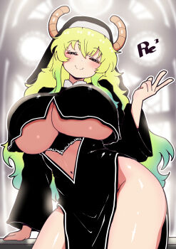 Rule 34 | 1girl, black dress, blonde hair, blush, breasts, closed eyes, closed mouth, dragon girl, dragon horns, dress, gradient hair, green hair, highres, horns, horns through headwear, huge breasts, kobayashi-san chi no maidragon, long hair, long sleeves, lucoa (maidragon), multicolored hair, navel, nun, pelvic curtain, reiwa rerere, smile, solo, underboob, v