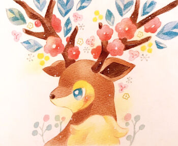 animal_focus blue_eyes blush bright_pupils colored_pencil_(medium) commentary_request gen_5_pokemon nintendo no_humans painting_(medium) pokemon pokemon_(creature) sawsbuck sawsbuck_(spring) solo traditional_media watercolor_(medium) white_background white_pupils yukichi_0611