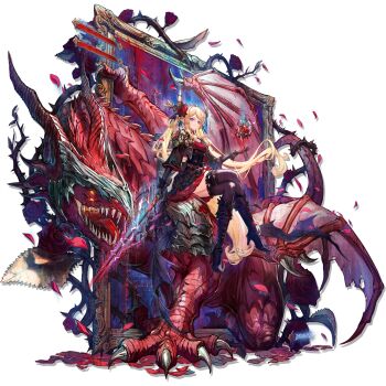 Rule 34 | 1girl, arknights, belt, belt pouch, black boots, black bracer, black corset, black dress, black gloves, black jacket, black skirt, black thighhighs, blonde hair, boots, brown belt, chain, corset, cropped jacket, crossed legs, dragon, dragon horns, dress, elbow gloves, electricity, extra eyes, falling petals, floating, flower, framed breasts, frilled skirt, frills, full body, fur-trimmed bracer, gem, gloves, gold chain, gold trim, health bar, high heel boots, high heels, highres, holding, holding sword, holding weapon, horn ornament, horns, jacket, knee boots, lace, lace-trimmed skirt, lace trim, layered skirt, leizi (arknights), leizi the thunderbringer (arknights), leizi the thunderbringer (the bloodwing rose) (arknights), long hair, looking at viewer, looking down, non-web source, official alternate costume, official art, open clothes, open jacket, petals, picture frame, pointy ears, pouch, purple eyes, red dress, red flower, red gem, red petals, red rose, red skirt, rose, rose petals, ryuuzaki ichi, sharp teeth, sidelocks, sitting, sitting on animal, skirt, solo, striped clothes, striped dress, sword, tachi-e, teeth, thighhighs, thorns, tongue, transparent background, twintails, vertical-striped clothes, vertical-striped dress, weapon, wide sleeves, zettai ryouiki