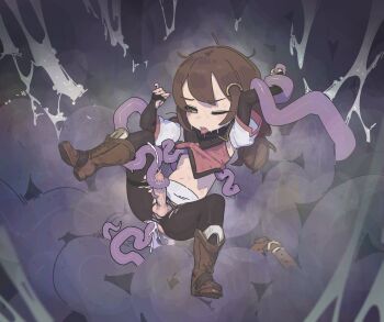 1boy boots brown_hair commission highres male_focus one_eye_closed original pantyhose penis pshuuu tentacle_sex tentacles tentacles_on_male torn_clothes trap variant_set