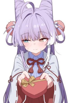 Rule 34 | 1girl, absurdres, ahoge, blue eyes, blush, bow, box, closed mouth, collared shirt, commentary request, cone hair bun, double bun, embarrassed, hair bun, hair intakes, hair ornament, hair rings, heart, heart-shaped box, heterochromia, highres, holding, holding box, incoming gift, korean commentary, kosode, looking to the side, multicolored hair, nontraditional miko, open clothes, open robe, outstretched arms, pom pom (clothes), pom pom hair ornament, purple hair, red bow, red ribbon, ribbon, robe, rope, saho 4545, shirt, shy, simple background, solo, stellive, straight hair, streaked hair, tassel, tenko shibuki, virtual youtuber, white background, yellow eyes, yellow ribbon
