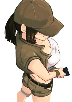 belt brown_eyes brown_hair covered_eyes crop_top field_cap fio_germi glasses gun hat highres holding holding_gun holding_weapon metal_slug military ponytail round_eyewear shorts solo tikuwabu_33 weapon white_background