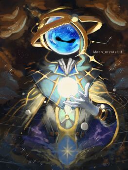 Rule 34 | 1boy, black robe, dark background, ferrofluid, fishbowl helmet, gloves, glowing, hand up, highres, male focus, mooncake (moon crystal11), object head, official alternate costume, reverse:1999, robe, solo, sparkle, twitter username, ulrich (reverse:1999), upper body, white gloves