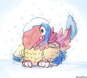 Rule 34 | archen, claws, commentary, english commentary, fangs, gen 5 pokemon, highres, kid-matthias, nintendo, no humans, pokemon, pokemon (creature), signature, snow, solo