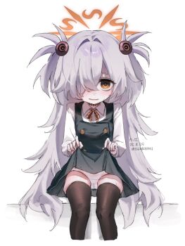bags_under_eyes black_thighhighs blue_archive brown_eyes buttons choker clothes_lift collared_shirt dress dress_lift green_dress grey_hair hair_between_eyes hair_ornament hair_over_one_eye halo hands_up highres isekaitensi kanoe_(blue_archive) lifting_own_clothes loli long_hair long_sleeves looking_at_viewer messy_hair neck_ribbon nervous_smile one_eye_covered open_mouth orange_halo panties pinafore_dress ribbon scar scar_on_neck shirt simple_background sitting sleeveless sleeveless_dress smile sweatdrop thighhighs thighs two_side_up underwear vertical-striped_ribbon very_long_hair wet wet_clothes wet_panties white_background white_panties white_shirt zettai_ryouiki