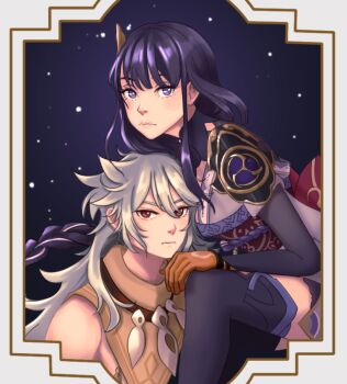 1boy 1girl armor back_bow bare_shoulders blunt_bangs bow braid bridal_gauntlets clarikerli closed_mouth commentary english_commentary expressionless from_side genshin_impact gloves hair_ornament head_on_chest japanese_clothes kimono leaning_on_person leaning_to_the_side lingerie long_braid long_hair looking_at_viewer messy_hair multicolored_hair no_mole pink_lips purple_eyes purple_hair purple_kimono purple_thighhighs raiden_shogun razor_(genshin_impact) red_eyes red_sash sash shade shoulder_armor single_braid sitting sleeveless streaked_hair thighhighs thighs underwear upper_body