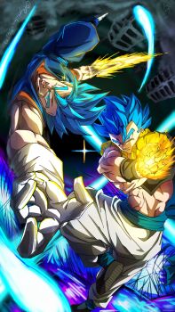 2boys abs absurdres arm_blade aura black_vest blue_eyes blue_hair blue_pants blue_sash blue_shirt cropped_vest dougi dragon_ball dragon_ball_super dragon_ball_super_broly energy_ball energy_sword gloves gogeta highres male_focus multiple_boys no_shirt orange_shirt pants ryo_lovevegito sash shirt spiked_hair super_saiyan super_saiyan_blue sword trait_connection vegetto vest weapon white_gloves white_pants