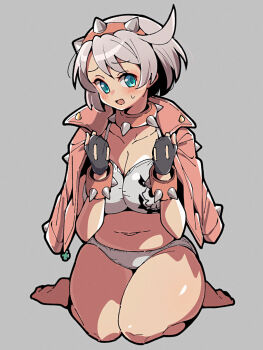 1girl :d black_gloves blue_eyes blush bra breasts choppy_bangs cleavage elphelt_valentine fingerless_gloves full_body gloves grey_background grey_bra grey_hair grey_panties guilty_gear guilty_gear_strive hairband highres itsuka_neru jacket jacket_on_shoulders large_breasts looking_at_viewer open_mouth panties pink_hairband pink_jacket short_hair simple_background sitting smile solo spiked_hairband spikes underwear