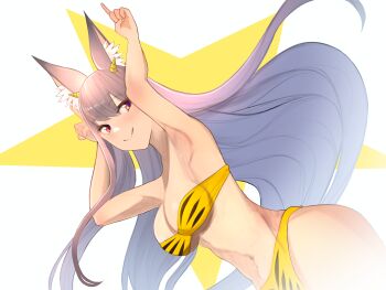 1girl absurdres alternate_costume animal_ear_fluff animal_ears animal_print armpits bad_id bad_pixiv_id bandeau bikini blue_pupils blush breasts closed_mouth cosplay cowboy_shot dutch_angle eyelashes floating_hair fox_ears fox_girl grey_hair hair_between_eyes highres horns indie_virtual_youtuber kamishiro_natsume large_breasts long_hair looking_at_viewer lum lum_(cosplay) navel red_eyes smile solo star_(symbol) star_symbol_background stomach straight_hair strapless strapless_bikini swimsuit tiger_print two-tone_background urusei_yatsura virtual_youtuber white_background yellow_background yellow_bikini yuuhi_(yuuvi83)