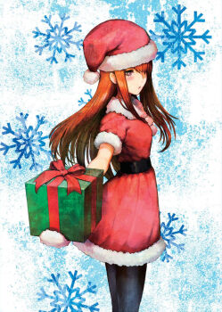 Rule 34 | 1girl, black pantyhose, blue background, blush, brown hair, christmas, cropped, dress, embarrassed, from side, fur-trimmed dress, fur-trimmed gloves, fur trim, gift, gloves, hair over shoulder, hat, holding, holding gift, huke, long hair, makise kurisu, official art, pantyhose, purple eyes, red dress, ringed eyes, santa costume, santa hat, science adventure, snowflake background, solo, square pupils, steins;gate, steins;gate 0