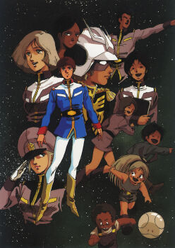 1980s_(style) 4boys 6+girls amuro_ray belt bindi black_hair blonde_hair boots bright_noa char_aznable child dark_skin earth_federation eye_mask fraw_bow gundam hair_ribbon haro hat helmet highres katz_howan kikka_kitamoto lalah_sune letz_cofan looking_at_viewer mask matilda_ajan mikimoto_haruhiko military military_uniform mirai_yashima mobile_suit_gundam multiple_boys multiple_girls oldschool open_mouth pointing pointing_forward promotional_art red_hair retro_artstyle ribbon robot salute sayla_mass scan science_fiction serious smile space star_(symbol) star_symbol_background traditional_media zeon