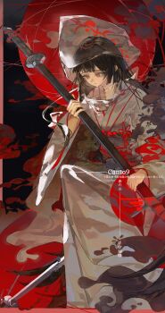 1girl absurdres black_hair blunt_bangs bridal_veil closed_mouth commentary_request e.g.o_(project_moon) full_body great_trichiliocosm_(e.g.o) highres hime_cut holding holding_sheath japanese_clothes katana kimono limbus_company long_hair long_sleeves looking_at_object obi ootachi project_moon purassi88 red_eyes red_sash ryoshu_(project_moon) sash scabbard sheath solo string string_of_fate sword translation_request uchikake veil wataboushi weapon white_kimono wide_sleeves