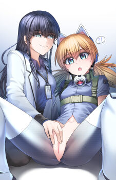 !? 2girls absurdres android animal_ears betty_(neural_cloud) black_hair black_pantyhose blonde_hair blue_eyes blue_shirt camera cat_ears censored collar female_professor_(neural_cloud) fingering girls'_frontline girls'_frontline_neural_cloud heart highres idw_(girls'_frontline) lab_coat looking_at_another mechanical_legs mosaic_censoring multiple_girls navel pantyhose professor_(neural_cloud) pussy senpaihawkkun shirt smile twintails yuri