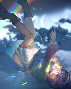 1girl adapted_costume belt belt_pouch bird black_belt black_boots blue_eyes blue_hair boots cloud cloudy_sky commentary_request crescent dated diffraction_spikes dress flock furahata_gen grin groin hairband highres holding index_finger_raised legs_up light long_sleeves moon multicolored_dress multicolored_hairband no_cape no_panties ok_sign one_eye_closed outstretched_arm patchwork_clothes pointing pouch rainbow rainbow_gradient short_hair side_slit sidelocks silhouette sky smile solo tenkyuu_chimata thigh_strap thighhighs touhou upside-down upside-down_rainbow upskirt