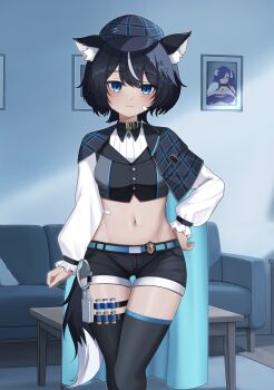 1girl animal_ears bandaid bandaid_on_face belly belt commission couch dog_ears dog_girl dog_tail dzulfiqar023 fangsie_fido hand_on_own_hip highres indoors knee_up knees_up looking_at_viewer magnifying_glass navel pants shorts solo standing table tail thighhighs thighs variance_project virtual_youtuber