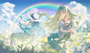 2girls absurdres bang_dream! bang_dream!_it&#039;s_mygo!!!!! blue_bow blue_hair bow brown_eyes cloud collared_shirt commentary_request day dress falling_petals flower green_dress green_hair hair_ornament hairclip hat hat_bow highres long_hair maoerduo_meow multiple_girls open_mouth outdoors petals rainbow shirt short_sleeves togawa_sakiko wakaba_mutsumi white_flower white_hat