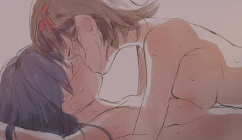 Rule 34 | 2girls, amami haruka, asymmetrical docking, blue hair, bow, breast press, breasts, brown hair, closed eyes, commentary request, from side, hair bow, highres, idolmaster, idolmaster (classic), kisaragi chihaya, kiss, kuzuya ramurin, lying, medium breasts, multiple girls, nude, on back, red bow, short hair, small breasts, yuri