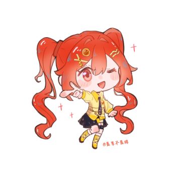 1girl artist_name batuobasi40990 belt black_belt black_necktie black_skirt blush_stickers boots breast_pocket brown_eyes chibi collared_shirt commentary_request eyelashes grey_shorts hair_between_eyes hair_intakes hair_ornament hair_tie hairclip happy highres infinity_nikki kneehighs lace-up_boots long_hair long_sleeves looking_at_viewer miniskirt necktie nikki_(series) one_eye_closed open_mouth parallel_hairclips pleated_skirt pocket puffy_long_sleeves puffy_sleeves red_hair shirt shorts shorts_under_skirt showgirl_skirt simple_background skirt smile snail_message_(infinity_nikki) snapping_fingers socks solo sparkle standing star_(symbol) tareme thigh_belt thigh_strap tie_clip twintails very_long_hair wavy_hair white_background white_socks x_hair_ornament yellow_boots yellow_shirt