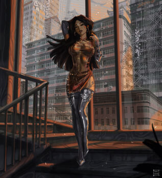 1girl architecture arm_up artist_name black_hair breasts building china_dress chinese_clothes cleavage_cutout clothing_cutout commentary covered_navel dress earrings east_asian_architecture english_commentary from_below gluteal_fold head_tilt highleg highres hoop_earrings indoors jewelry large_breasts long_hair marvel marvel_rivals paid_reward_available parted_lips psylocke psylocke_(vengeance) short_dress side_slit skyscraper solo stairs superhero_costume tatti_art thigh_gap thighhighs variant_set window x-men