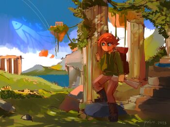 1boy animification antenna_hair backpack bag boots brown_bag brown_hair brown_pants cloud commentary dated drawstring edd_(eddsworld) eddsworld english_commentary fish floating_island grass green_eyes green_hoodie highres holding holding_map hood hood_down hoodie long_sleeves male_focus map moss mountain outdoors painterly pants peluituap pillar rock ruins scenery short_hair signature sky solo