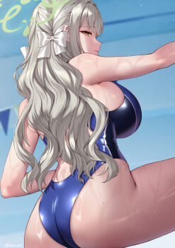 1girl alternate_breast_size_(larger) alternate_costume ass blue_archive blue_one-piece_swimsuit blush bow breasts commentary_request deras from_behind green_halo grey_hair hair_bow halo highres large_breasts long_hair looking_at_viewer looking_back miyo_(blue_archive) one-piece_swimsuit solo swimsuit very_long_hair wet white_bow yellow_eyes
