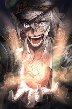 3boys 3girls :d absurdres ahab_(project_moon) coat commentary_request constricted_pupils gloves green_coat green_hat grey_hair hat heart_(organ) highres ishmael_(project_moon) ishmael_(the_pequod)_(project_moon) lapels layer_(layer_illust) limbus_company long_hair multiple_boys multiple_girls notched_lapels official_alternate_costume open_mouth pallidification_(project_moon) peaked_cap pip_(project_moon) project_moon queequeg_(project_moon) shirt short_hair smile starbuck_(project_moon) stubb_(project_moon) teeth upper_body v-shaped_eyebrows wavy_hair white_gloves white_shirt