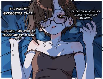 1girl asami-chan bare_shoulders body_freckles breasts bright_pupils brown_eyes brown_hair collarbone earrings english_text freckles highres hozuki_asami_(asami-chan) jewelry lipstick looking_at_viewer lying makeup medium_breasts on_back on_bed open_mouth original runny_makeup short_hair sweat upper_body white_pupils