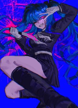 1girl absurdres amemiya_darumi belt black_boots black_bow black_hair black_serafuku black_shirt black_skirt blood blue_background blue_hair boots bow chin_piercing chinese_commentary commentary_request face_piercing facepaint facial_mark fang gloves grin hair_bow heart heart_facial_mark highres holding holding_knife knee_boots knife last_defense_academy_school_uniform long_hair miniskirt multicolored_hair neckerchief one_eye_closed piercing pink_blood pink_eyes pleated_skirt promise68487 roots_(hair) sailor_collar sailor_shirt school_uniform serafuku shirt sidelocks skirt smile solo the_hundred_line_-last_defense_academy- twintails two-tone_hair v very_long_hair white_belt white_gloves white_neckerchief