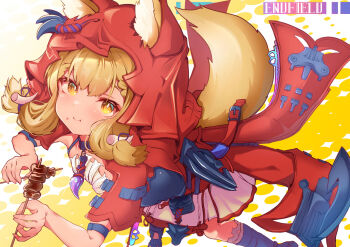 Rule 34 | 1girl, animal ears, arknights, arknights: endfield, blonde hair, cape, closed mouth, commentary, copyright name, dress, food, highres, holding, holding skewer, hood, hood up, hooded cape, jewelry, low-tied sidelocks, maruakiho, necklace, red cape, rossi (arknights), sidelocks, skewer, solo, tail, tooth necklace, white dress, wolf ears, wolf girl, wolf tail, yellow eyes