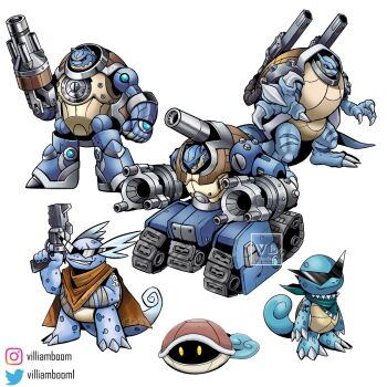 bandana beam_cannon blastoise cape caterpillar_tracks claws digimon evolutionary_line gen_1_pokemon gun handgun highres mecha mega_blastoise mega_pokemon nintendo pokemon revolver robot scar scar_across_eye scar_on_face shell squirtle sunglasses tail turtle villiam_boom wartortle weapon white_background
