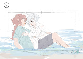 2girls blue_shirt closed_eyes commentary_request grey_shorts gundam gundam_suisei_no_majo hand_on_another&#039;s_waist highres jewelry laughing miorine_rembran monto_(user_dmde2437) multiple_girls ocean open_mouth outdoors partially_submerged ring scar scar_on_face shirt short_hair shorts smile suletta_mercury wedding_ring wet wet_clothes wet_shirt white_hair white_shirt wife_and_wife yuri