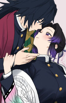 1boy 1girl black_hair black_jacket blue_eyes breasts butterfly_hair_ornament buttons demon_slayer_uniform gradient_hair hair_ornament haori hetero holding_another&#039;s_wrist jacket japanese_clothes kimetsu_no_yaiba kiya_hajime kochou_shinobu long_hair long_sleeves looking_at_another multicolored_hair parted_bangs purple_eyes purple_hair spiked_hair tomioka_giyuu