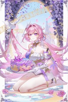 1girl bare_shoulders barefoot bird blue_sky breasts cake cleavage corset diamond-shaped_pupils diamond_(shape) dove elysia_(herrscher_of_human:_ego)_(honkai_impact) elysia_(honkai_impact) falling_petals feet food gloves hair_intakes hair_ornament highres holding holding_cake holding_food honkai_(series) honkai_impact_3rd long_hair looking_at_viewer multicolored_hair petals pink_hair pink_petals purple_eyes sample_watermark seawave02974 seiza sitting sky smile solo symbol-shaped_pupils triquetra two-tone_hair very_long_hair watermark white_corset white_gloves white_hair