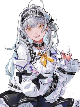 Rule 34 | 1girl, absurdres, antenna hair, black bow, black choker, bow, choker, commentary request, cowboy shot, earrings, frilled hairband, frills, ginjo saine, hairband, highres, jewelry, looking at viewer, mole, mole under eye, nail polish, neckerchief, parted lips, purple nails, simple background, skirt, solo, spiked hairband, spikes, virtual youtuber, vspo!, white background, white hair, yellow eyes, yellow neckerchief, zoramaruta