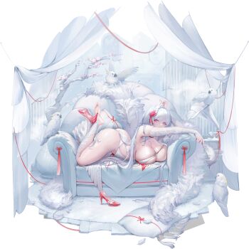 1girl artist_request ass bird breasts cleavage cockatoo daiblos_core feathers high_heels highres large_breasts long_hair lying official_art on_stomach purple_eyes red_shoes see-through_clothes see-through_footwear shoes single_bare_foot tassel third-party_source thor_(daiblos_core) white_feathers white_hair