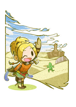 Rule 34 | 04sora40, 1girl, ;d, blonde hair, blue sky, boots, braid, chibi, cloud, commentary request, day, desert, final fantasy, final fantasy x, footprints, full body, gloves, goggles, goggles around neck, hair ornament, home (final fantasy x), one eye closed, open mouth, orange shirt, outdoors, rikku (ff10), sabotender, sand, sand dune, scenery, shirt, sky, smile, solo, waving hands, x hair ornament