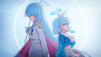 Rule 34 | 2girls, :d, aiguillette, arona (blue archive), behind another, blue archive, blue hair, blue halo, blue shirt, braid, clenched hand, closed eyes, colored inner hair, commentary request, cropped shirt, eyes visible through hair, from side, general student council president (blue archive), hair over one eye, halo, hand up, highres, long braid, long hair, long sleeves, looking up, multicolored hair, multiple girls, open mouth, pink hair, puffy long sleeves, puffy sleeves, ribbon, ribbon bar, sailor collar, samess 333, shirt, short hair, sidelocks, single braid, skirt, smile, two-tone hair, very long hair, white ribbon, white sailor collar, white shirt, white skirt