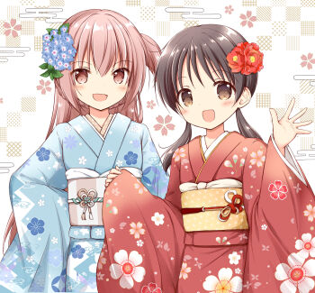 2girls black_hair blue_flower blue_kimono brown_eyes brown_hair checkered_background commentary_request egasumi floral_print flower furisode hair_between_eyes hair_flower hair_ornament hand_up highres japanese_clothes kimono long_hair long_sleeves looking_at_viewer low_twintails multiple_girls nanase_miori obi one_side_up original print_kimono red_flower red_kimono sash sleeves_past_wrists twintails very_long_hair white_background wide_sleeves