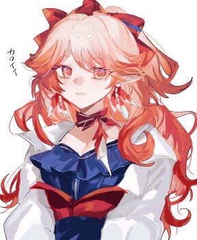 1girl :d arknights blue_shirt bow breasts commentary earrings fumi_(rdbm) grey_hair hair_bow haruka_(arknights) highres jacket jewelry light_blush looking_at_viewer medium_breasts open_clothes open_jacket open_mouth orange_bow orange_eyes orange_hair pointy_ears shirt simple_background smile solo translated upper_body white_background white_jacket