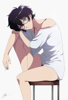 1girl absurdres aoikito_lavender086 black_hair chair cigarette glasses head_bowed highres kowloon_generic_romance kujirai_reiko looking_at_viewer on_chair purple_eyes short_hair simple_background sitting solo thighs white_background