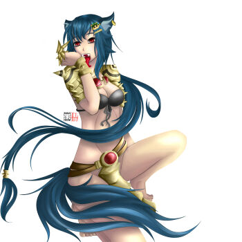 1girl absurdres airena animal_ears armor belt blue_hair breasts cleavage earrings fang gender_request genderswap hair_ornament highres jewelry league_of_legends licking long_hair midriff red_eyes signature teemo tongue very_long_hair warwick