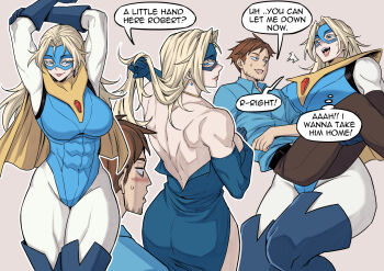 Rule 34 | 1boy, 1girl, abs, ass, back muscles, blonde blazer, blonde hair, blue boots, blue eyes, blue mask, blue thighhighs, boots, breasts, broad shoulders, brown hair, cape, carrying, colored eyelashes, commentary, dispatch, domino mask, english commentary, eye mask, gloves, highres, inset, large breasts, long hair, looking at another, mask, muscular, muscular female, peach88, princess carry, robert robertson, smile, superhero costume, thick thighs, thigh boots, thighhighs, thighs, yellow cape