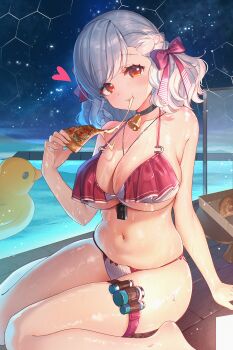 1girl absurdres bell between_breasts bikini bison_cangshu black_choker blush bow breasts cheese cheese_trail choker cleavage food girls'_frontline grey_hair hair_bow highres holding large_breasts looking_at_viewer medium_hair multicolored_bikini navel neck_bell official_alternate_costume pizza pizza_slice plump pool poolside red_bikini red_bow red_eyes sabrina_(girls'_frontline_2) sabrina_(strawberry_zabaione)_(girls'_frontline_2) side-tie_bikini_bottom sitting smile solo spas-12_(girls'_frontline) string_bikini swimsuit thigh_strap two-tone_bikini underboob water wet