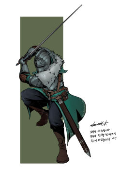 1other ambiguous_gender armor bearer_of_the_curse black_pants boots breastplate brown_boots brown_gloves commentary dark_souls_(series) dark_souls_ii english_commentary fighting_stance fur_collar gauntlets gloves green_shirt helm helmet hermitk highres holding holding_sword holding_weapon korean_text looking_at_viewer other_focus pants pauldrons scabbard sheath shirt shoulder_armor solo standing sword weapon white_background