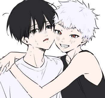 2boys black_eyes black_hair black_shirt black_tank_top blush commentary_request flat_color highres hikaru_ga_shinda_natsu indou_hikaru looking_at_viewer male_focus mole mole_on_neck mole_under_eye mole_under_mouth multiple_boys multiple_moles nyamnyam0502 red_pupils shirt short_hair slit_pupils smile sweat tank_top teeth tsujinaka_yoshiki upper_body white_hair white_shirt yaoi