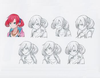 1girl :&lt; bandai black_bra black_dress black_shoes blue_dress blue_eyes bra breasts cleavage cross-laced_clothes digimon digimon_story:_cyber_sleuth dress female_focus flats garter_straps highres jacket jewelry lace lace-trimmed_bra lace_trim necklace official_art pink_jacket polka_dot polka_dot_scrunchie print_dress red_hair reference_sheet ring scan scrunchie shiramine_nokia shoes smile solo standing thighhighs twintails underwear upper_body yasuda_suzuhito