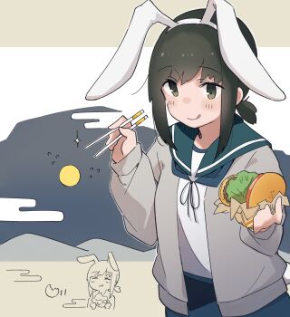 Rule 34 | 1girl, absurdres, animal ears, black hair, blue skirt, blush, cardigan, chopsticks, closed mouth, commentary, fake animal ears, food, fubuki (kancolle), full moon, green eyes, green sailor collar, grey cardigan, highres, holding, holding chopsticks, holding food, kantai collection, long sleeves, ma rukan, moon, multiple views, open cardigan, open clothes, ponytail, rabbit ears, sailor collar, school uniform, serafuku, short hair, short ponytail, signature, skirt, smile, tongue, tongue out, tsukimi, untranslatable commentary